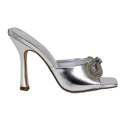 Metallic Silver - Back - XY London Womens-Ladies Elsa Diamante Metallic Square Toe Bow Mule Sandals