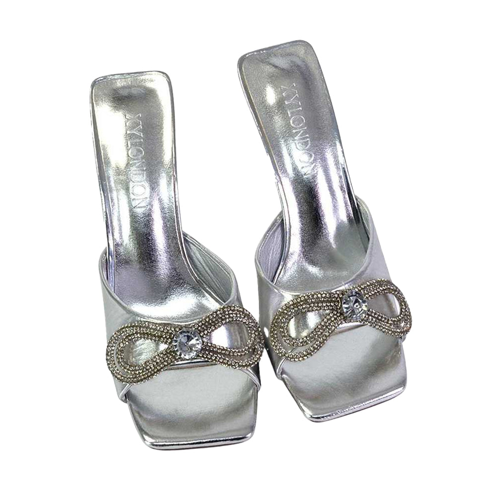 Metallic Silver - Lifestyle - XY London Womens-Ladies Elsa Diamante Metallic Square Toe Bow Mule Sandals