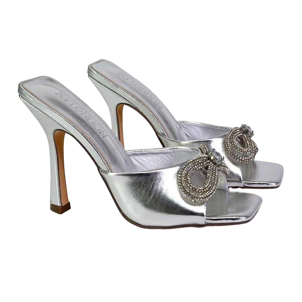 Metallic Silver - Close up - XY London Womens-Ladies Elsa Diamante Metallic Square Toe Bow Mule Sandals