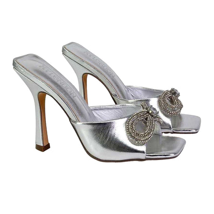 Metallic Silver - Close up - XY London Womens-Ladies Elsa Diamante Metallic Square Toe Bow Mule Sandals