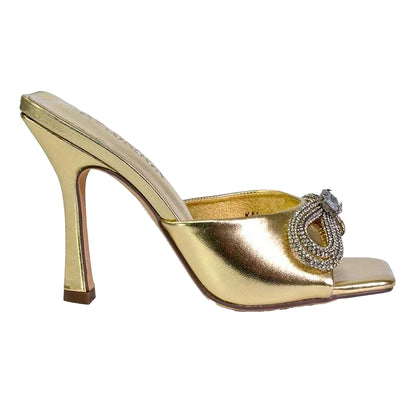 Metallic Gold - Front - XY London Womens-Ladies Elsa Diamante Metallic Square Toe Bow Mule Sandals