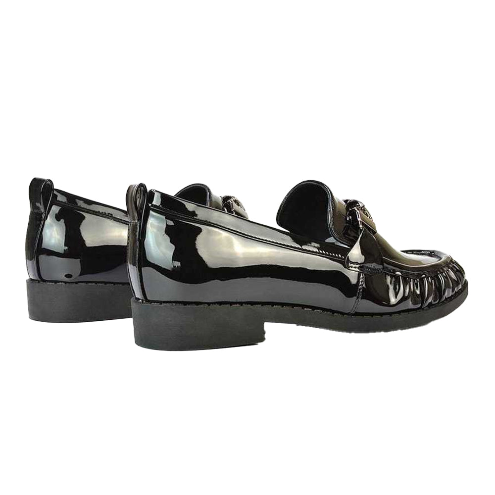True Black - Back - XY London Womens-Ladies Heidi Chain Detail Patent Leather Ruched Loafers