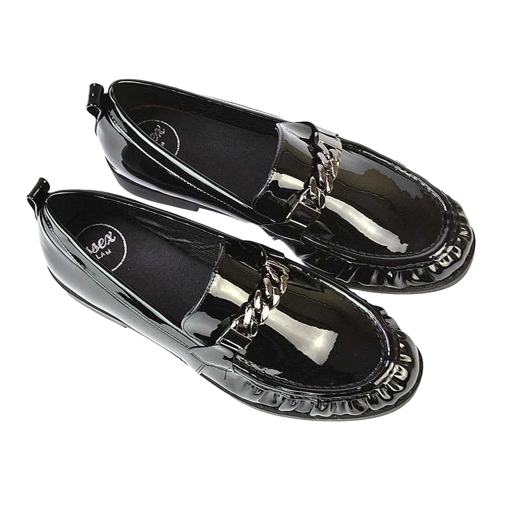 True Black - Side - XY London Womens-Ladies Heidi Chain Detail Patent Leather Ruched Loafers