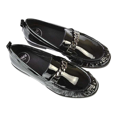 True Black - Side - XY London Womens-Ladies Heidi Chain Detail Patent Leather Ruched Loafers