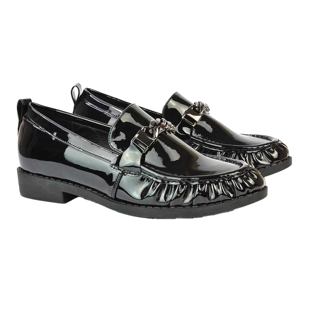 True Black - Lifestyle - XY London Womens-Ladies Heidi Chain Detail Patent Leather Ruched Loafers