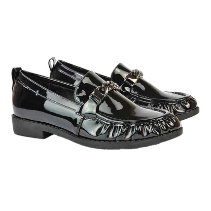 True Black - Lifestyle - XY London Womens-Ladies Heidi Chain Detail Patent Leather Ruched Loafers