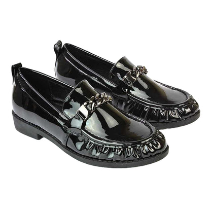 True Black - Pack Shot - XY London Womens-Ladies Heidi Chain Detail Patent Leather Ruched Loafers