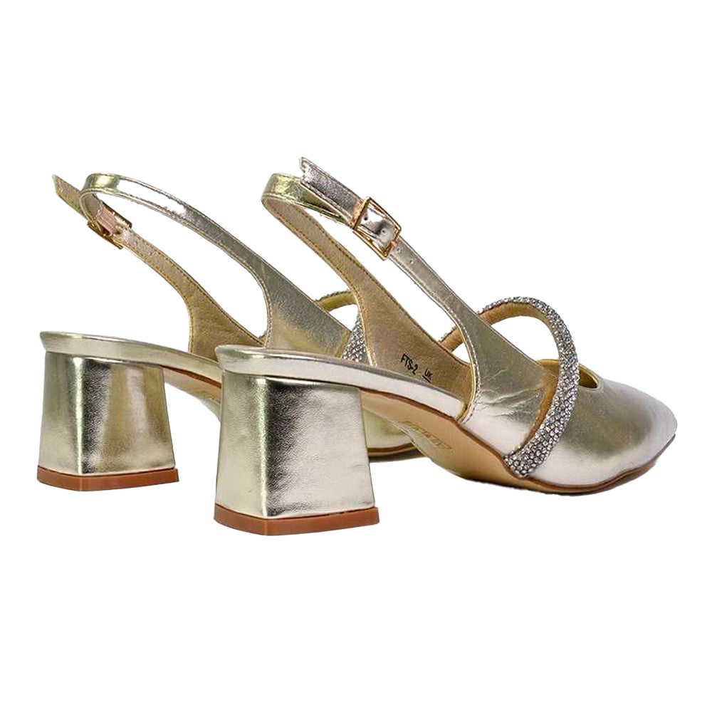 Metallic Gold - Back - XY London Womens-Ladies Sandie Diamante Pointed Medium Block Heel High Heels