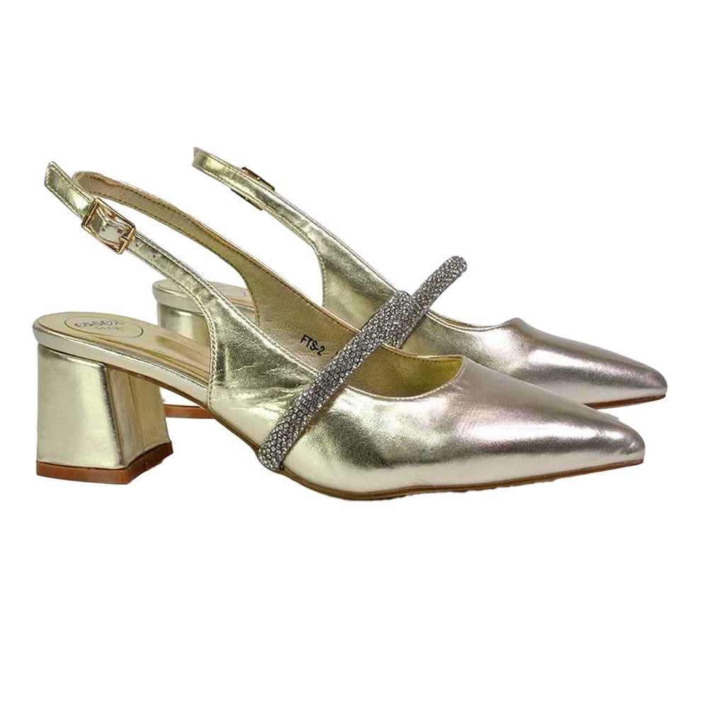 Metallic Gold - Side - XY London Womens-Ladies Sandie Diamante Pointed Medium Block Heel High Heels