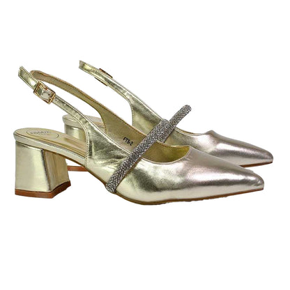 Metallic Gold - Side - XY London Womens-Ladies Sandie Diamante Pointed Medium Block Heel High Heels