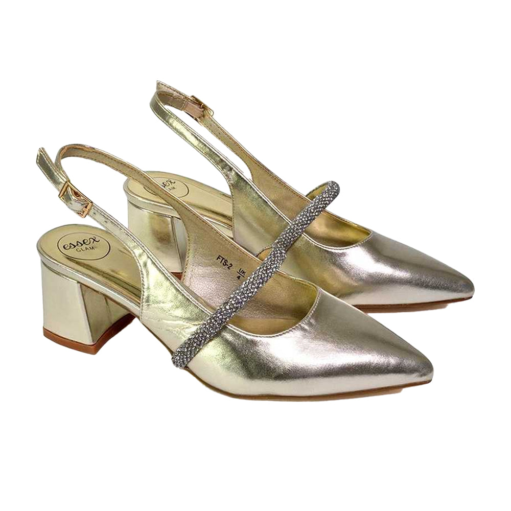 Metallic Gold - Lifestyle - XY London Womens-Ladies Sandie Diamante Pointed Medium Block Heel High Heels