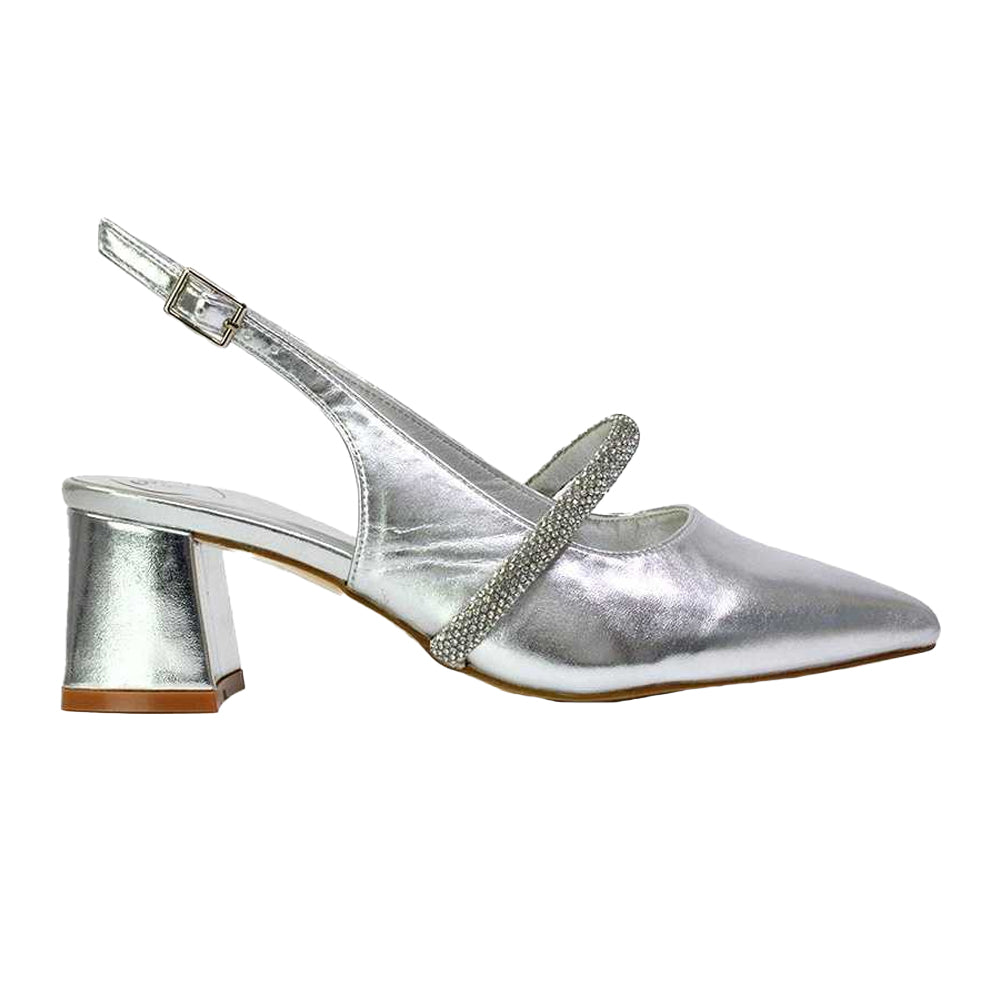 Metallic Silver - Front - XY London Womens-Ladies Sandie Diamante Pointed Medium Block Heel High Heels