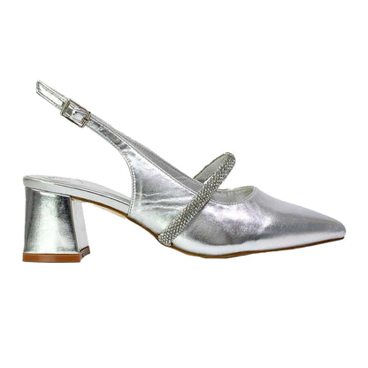 Metallic Silver - Front - XY London Womens-Ladies Sandie Diamante Pointed Medium Block Heel High Heels