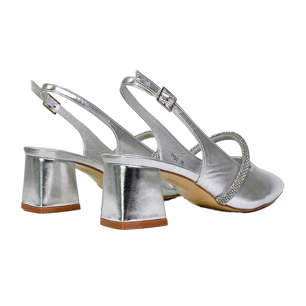 Metallic Silver - Back - XY London Womens-Ladies Sandie Diamante Pointed Medium Block Heel High Heels