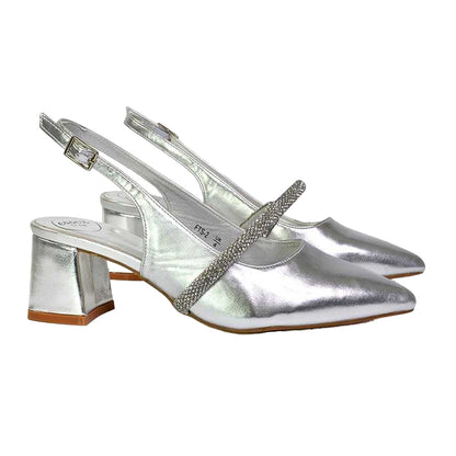 Metallic Silver - Side - XY London Womens-Ladies Sandie Diamante Pointed Medium Block Heel High Heels
