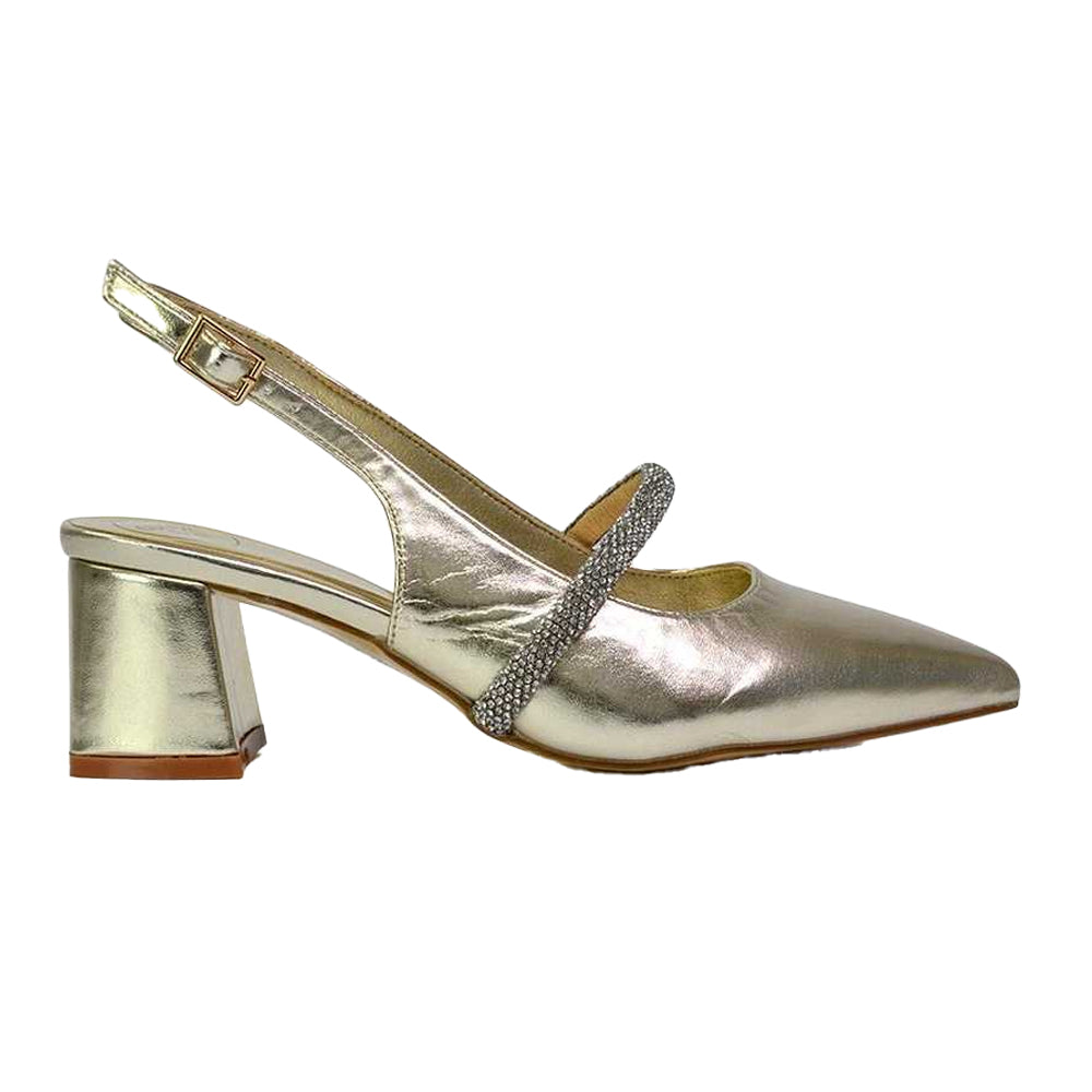Metallic Gold - Front - XY London Womens-Ladies Sandie Diamante Pointed Medium Block Heel High Heels