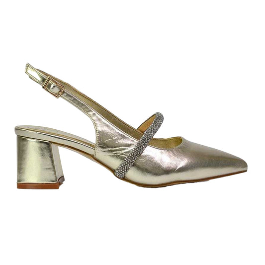 Metallic Gold - Front - XY London Womens-Ladies Sandie Diamante Pointed Medium Block Heel High Heels