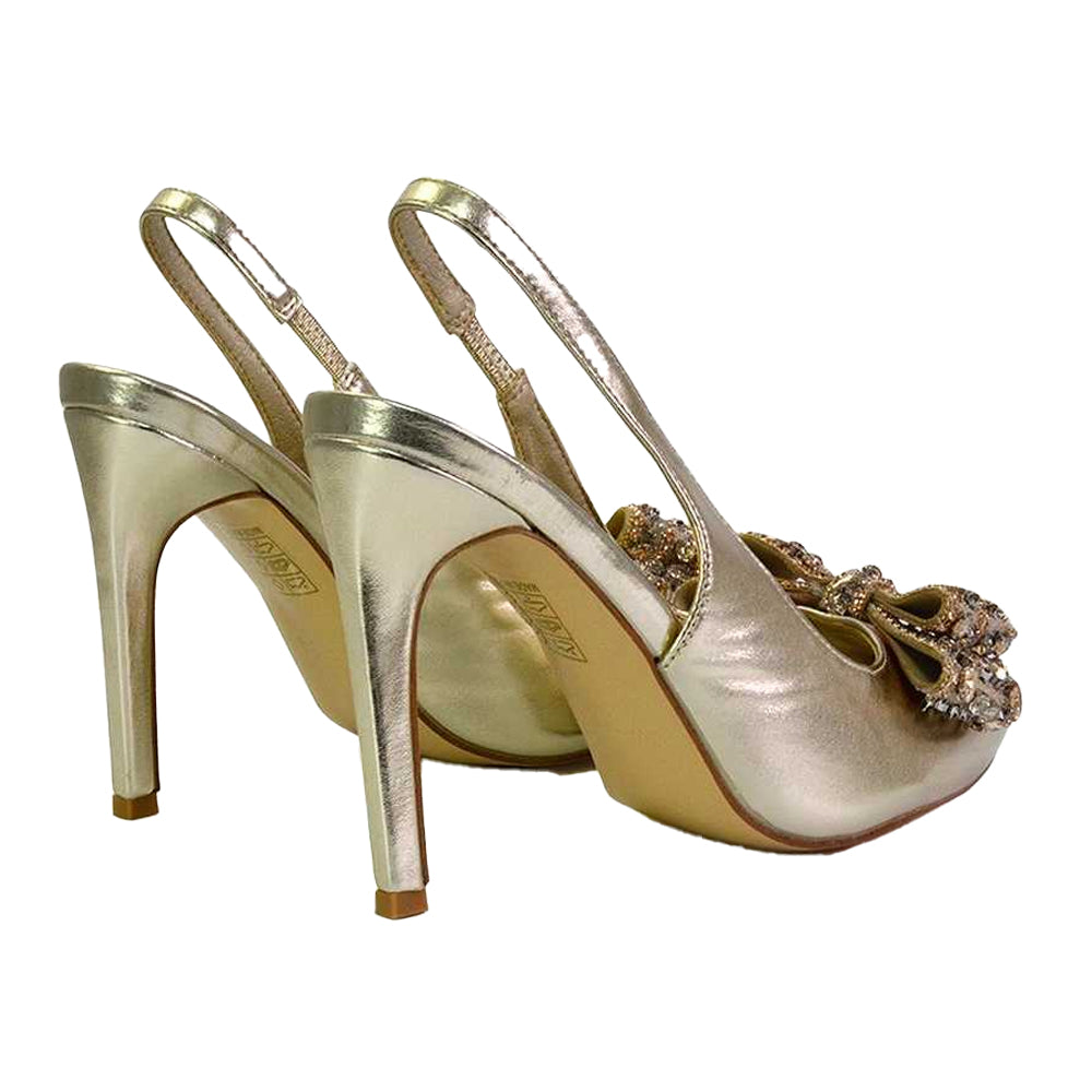 Metallic Gold - Back - XY London Womens-Ladies Felicity Bow Diamante Sling Back Stiletto Heel Court Shoes