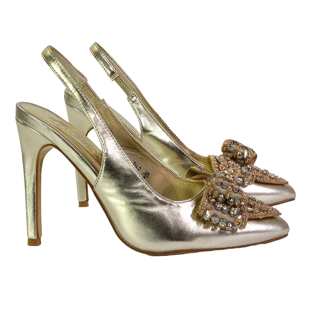Metallic Gold - Side - XY London Womens-Ladies Felicity Bow Diamante Sling Back Stiletto Heel Court Shoes