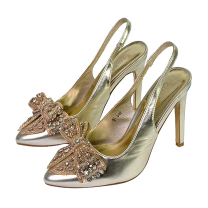 Metallic Gold - Lifestyle - XY London Womens-Ladies Felicity Bow Diamante Sling Back Stiletto Heel Court Shoes
