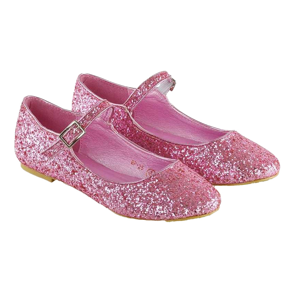 Pink - Close up - XY London Womens-Ladies Amanda Strappy Glitter Buckle Ballerina Flats