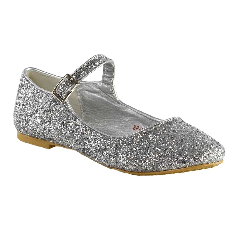 Silver - Front - XY London Womens-Ladies Amanda Strappy Glitter Buckle Ballerina Flats