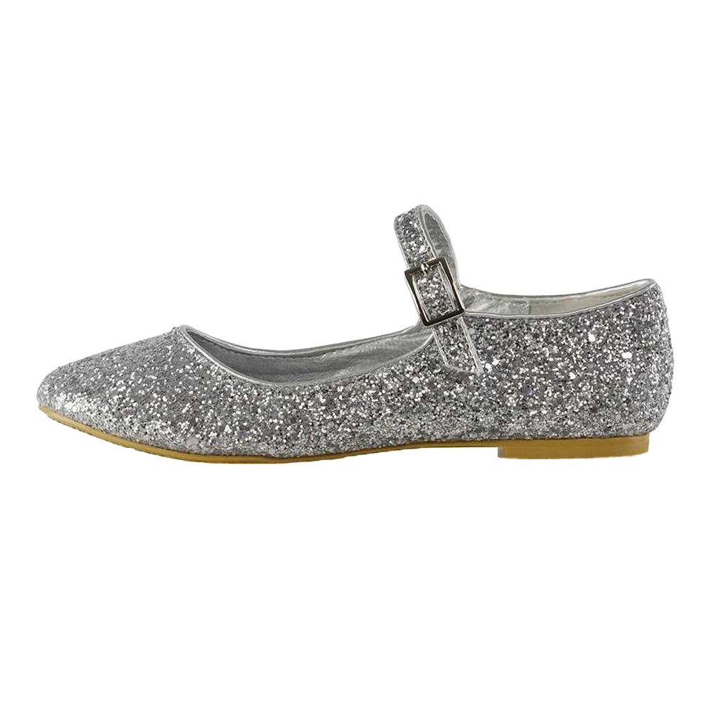 Silver - Back - XY London Womens-Ladies Amanda Strappy Glitter Buckle Ballerina Flats