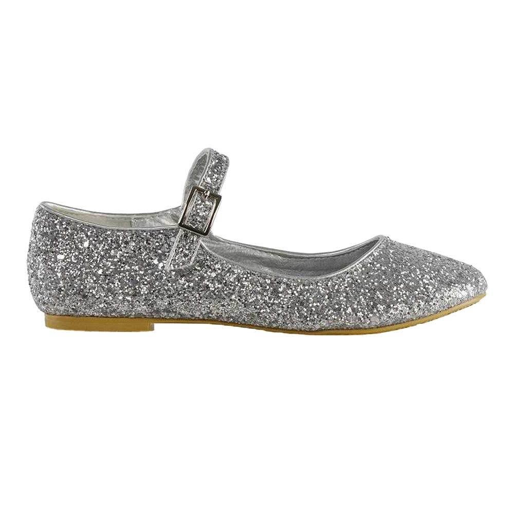Silver - Side - XY London Womens-Ladies Amanda Strappy Glitter Buckle Ballerina Flats