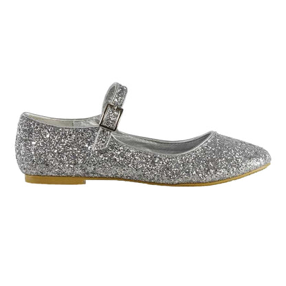 Silver - Side - XY London Womens-Ladies Amanda Strappy Glitter Buckle Ballerina Flats