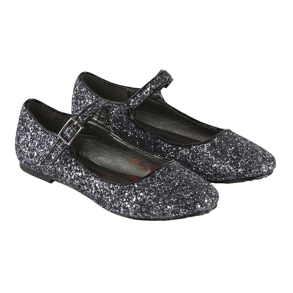 Black - Back - XY London Womens-Ladies Amanda Strappy Glitter Buckle Ballerina Flats