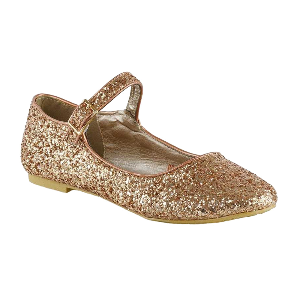 Rose Gold - Front - XY London Womens-Ladies Amanda Strappy Glitter Buckle Ballerina Flats