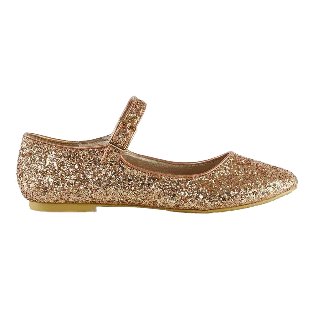 Rose Gold - Side - XY London Womens-Ladies Amanda Strappy Glitter Buckle Ballerina Flats