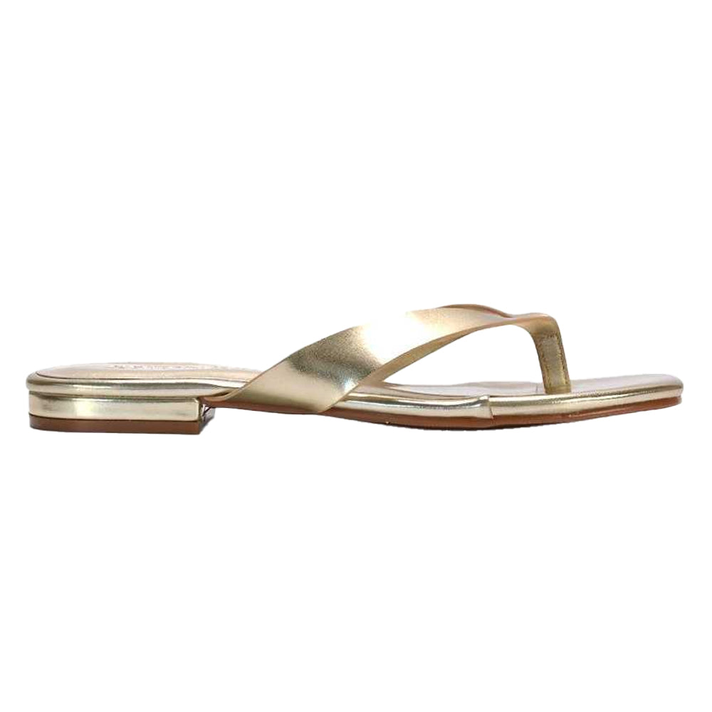 Gold - Back - XY London Womens-Ladies Rio Metallic Thong Strap Square Flip Flops
