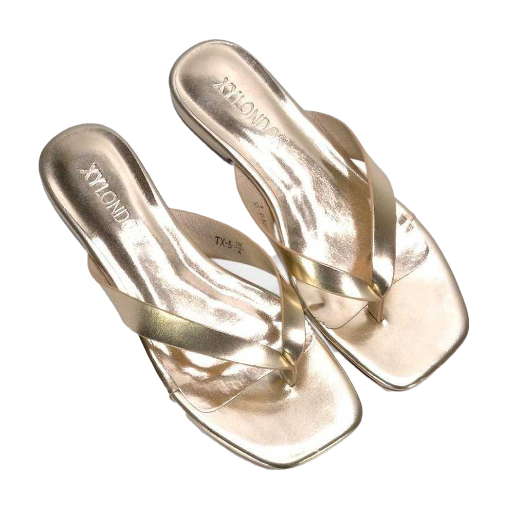 Gold - Side - XY London Womens-Ladies Rio Metallic Thong Strap Square Flip Flops