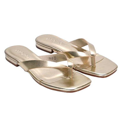 Gold - Pack Shot - XY London Womens-Ladies Rio Metallic Thong Strap Square Flip Flops