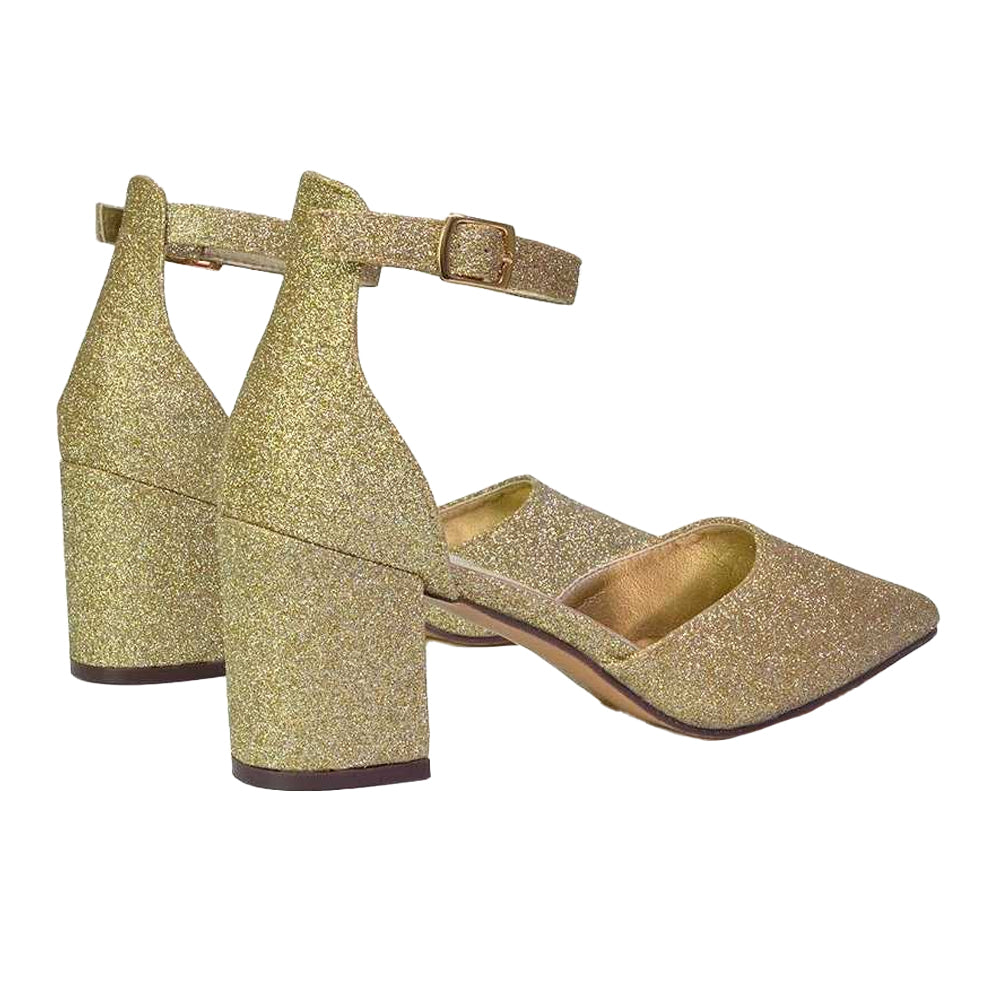 Gold - Back - XY London Womens-Ladies Bronte Glitter Strappy Block Heel Sandals