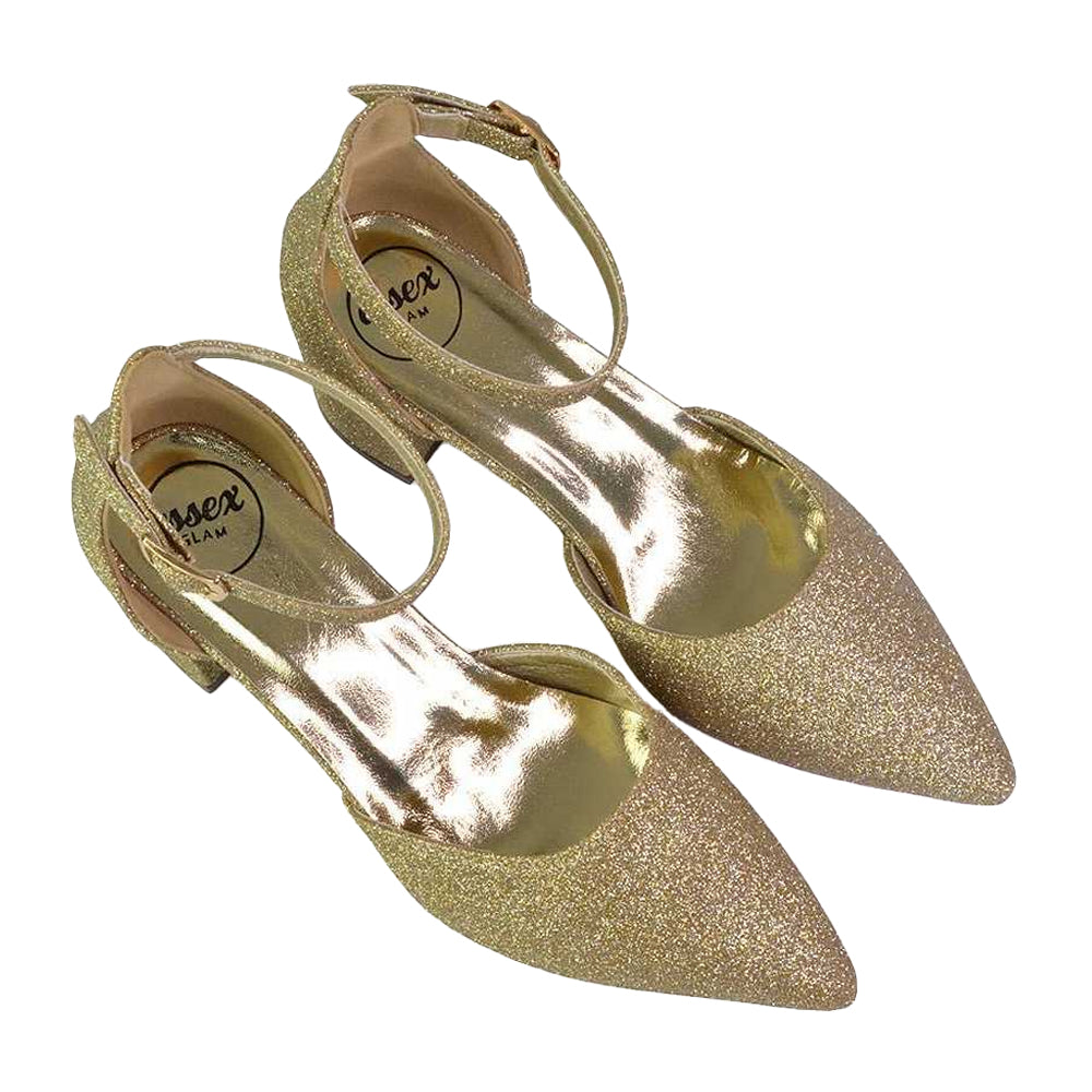 Gold - Side - XY London Womens-Ladies Bronte Glitter Strappy Block Heel Sandals