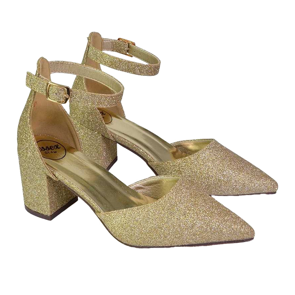 Gold - Pack Shot - XY London Womens-Ladies Bronte Glitter Strappy Block Heel Sandals