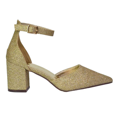 Gold - Front - XY London Womens-Ladies Bronte Glitter Strappy Block Heel Sandals