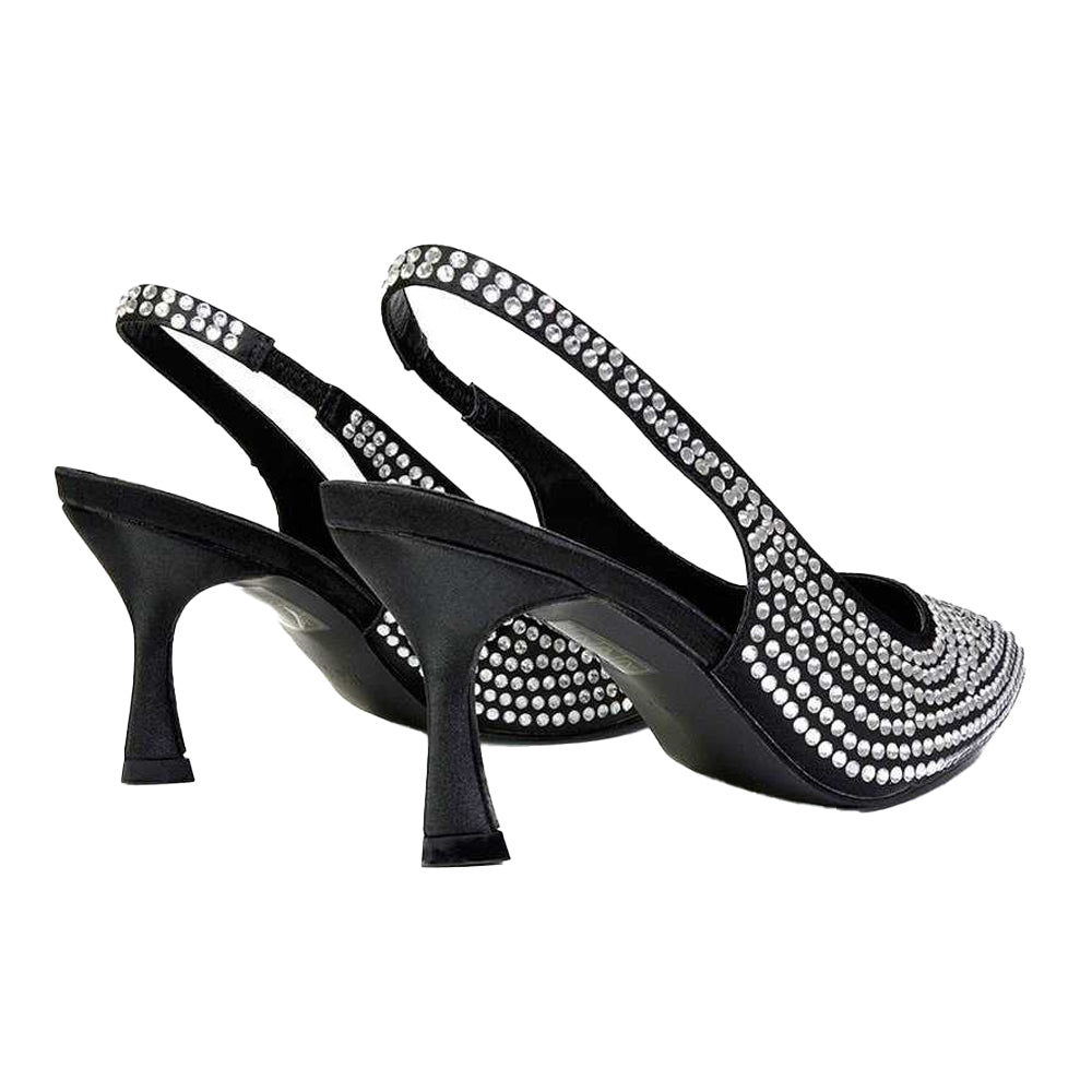 Black - Back - XY London Womens-Ladies Gayna Diamante Sling Back Bridal Mid Stiletto Court Shoes