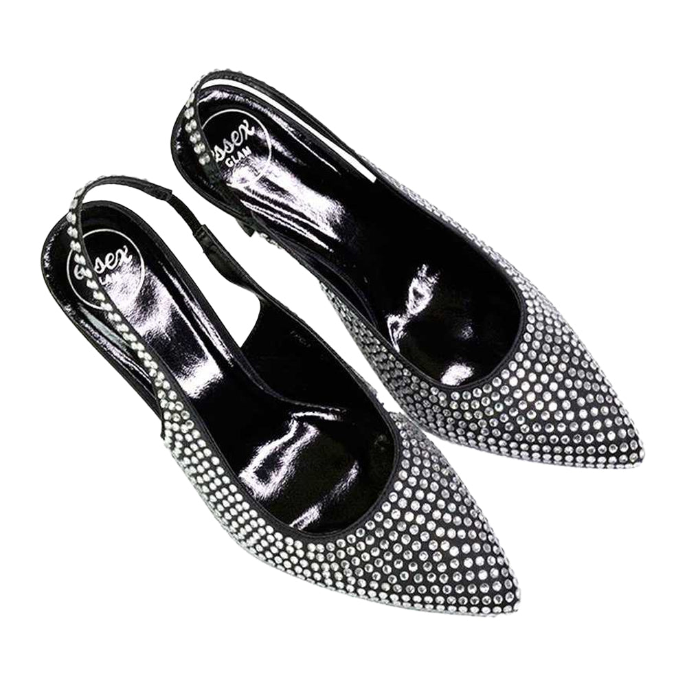 Black - Side - XY London Womens-Ladies Gayna Diamante Sling Back Bridal Mid Stiletto Court Shoes