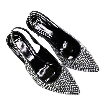 Black - Side - XY London Womens-Ladies Gayna Diamante Sling Back Bridal Mid Stiletto Court Shoes