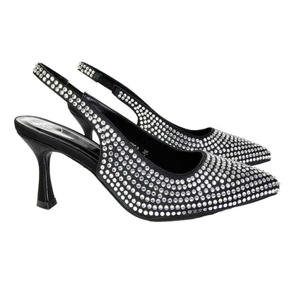 Black - Lifestyle - XY London Womens-Ladies Gayna Diamante Sling Back Bridal Mid Stiletto Court Shoes