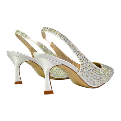 Ivory - Back - XY London Womens-Ladies Gayna Diamante Sling Back Bridal Mid Stiletto Court Shoes