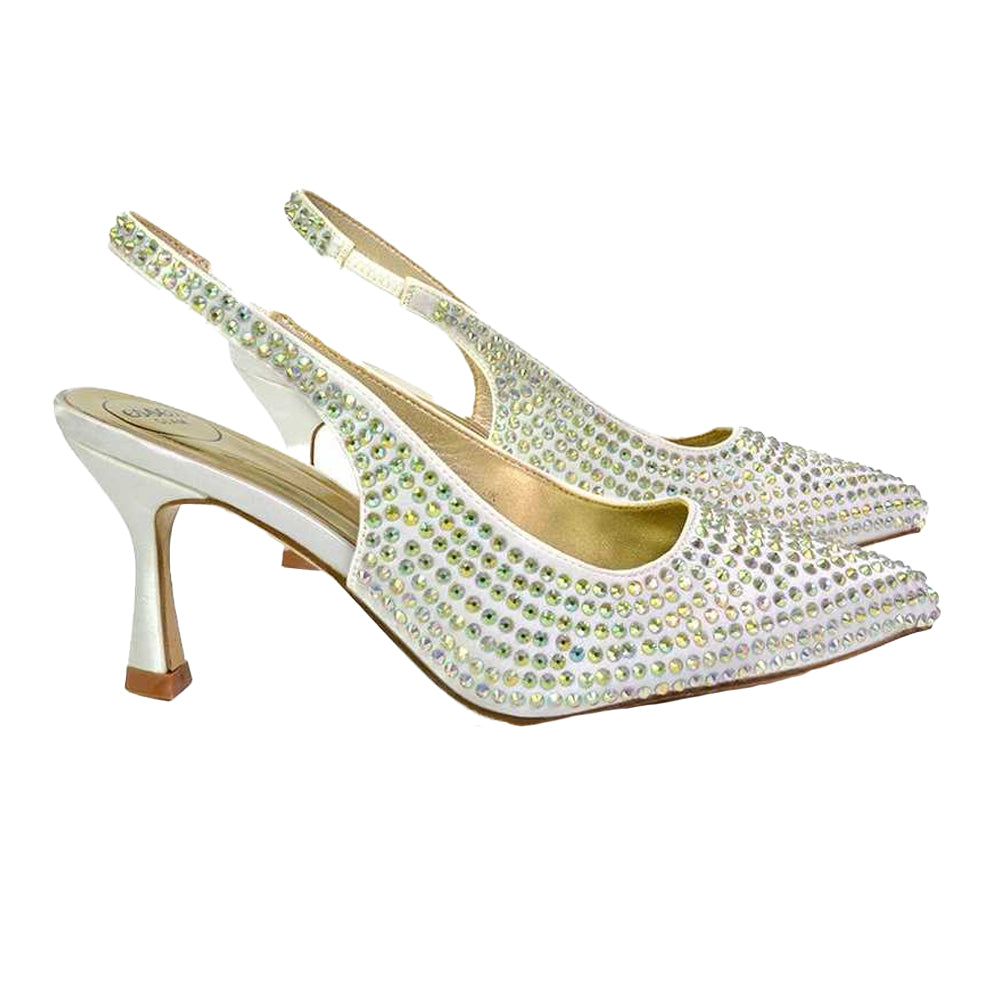 Ivory - Lifestyle - XY London Womens-Ladies Gayna Diamante Sling Back Bridal Mid Stiletto Court Shoes