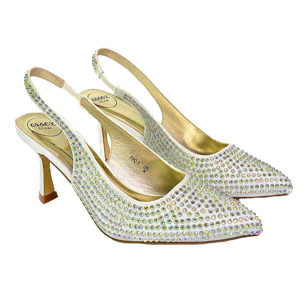 Ivory - Pack Shot - XY London Womens-Ladies Gayna Diamante Sling Back Bridal Mid Stiletto Court Shoes