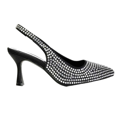 Black - Front - XY London Womens-Ladies Gayna Diamante Sling Back Bridal Mid Stiletto Court Shoes