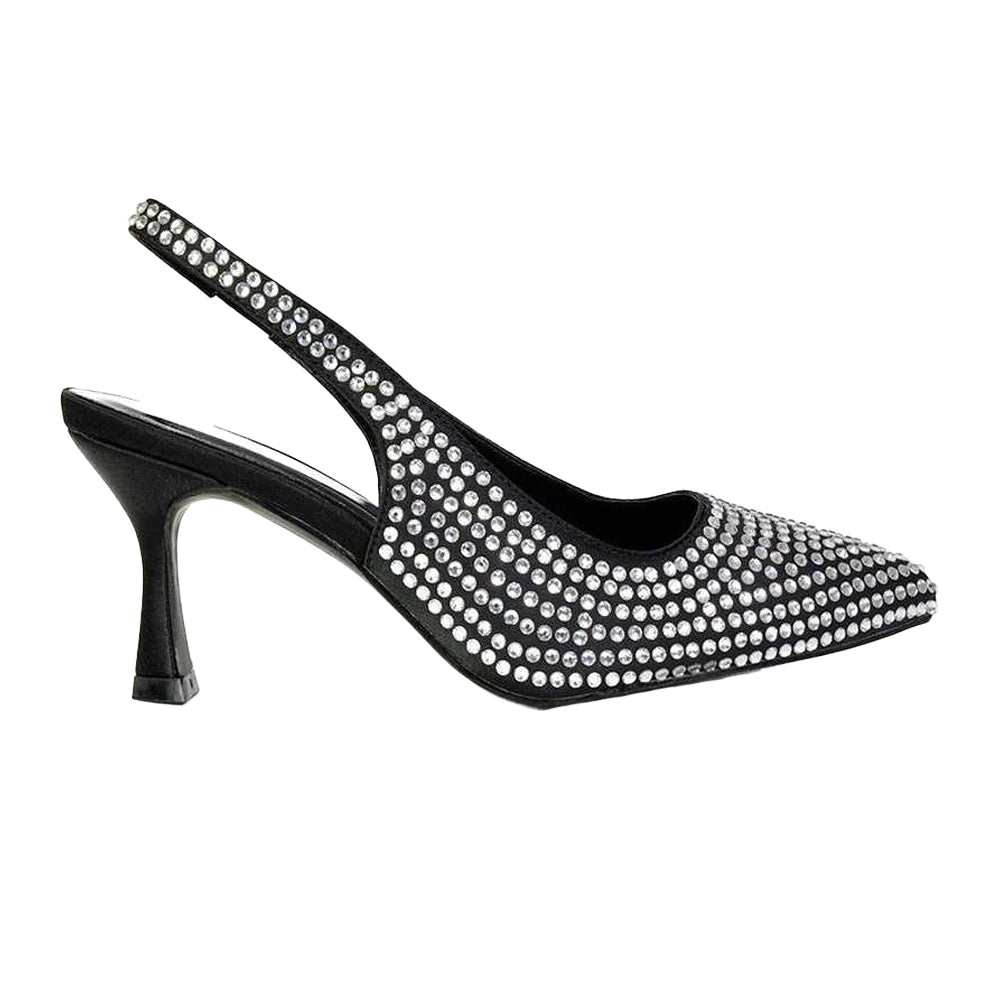 Black - Front - XY London Womens-Ladies Gayna Diamante Sling Back Bridal Mid Stiletto Court Shoes