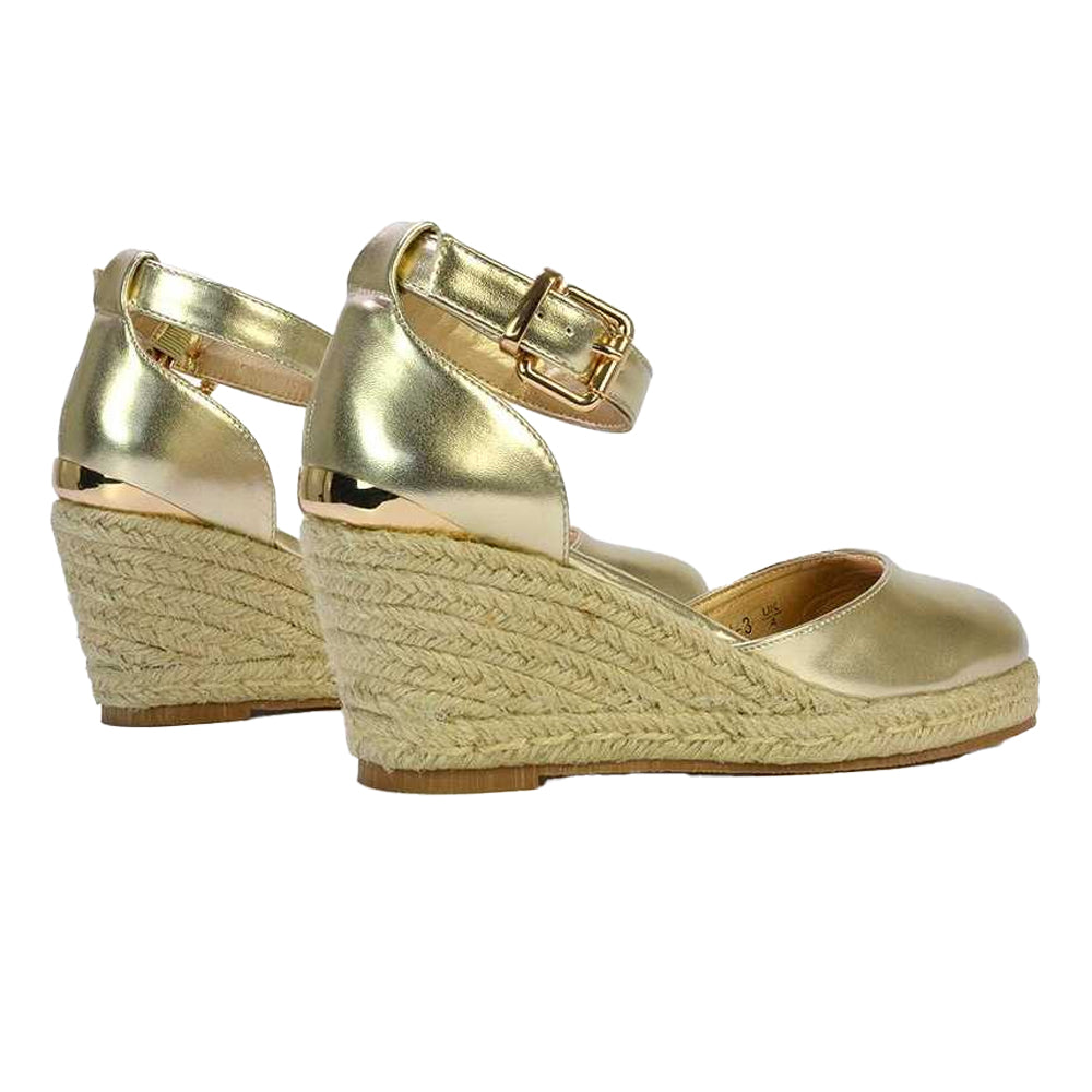 Metallic Gold - Back - XY London Womens-Ladies Forest Metallic Closed Toe Wedge Espadrilles