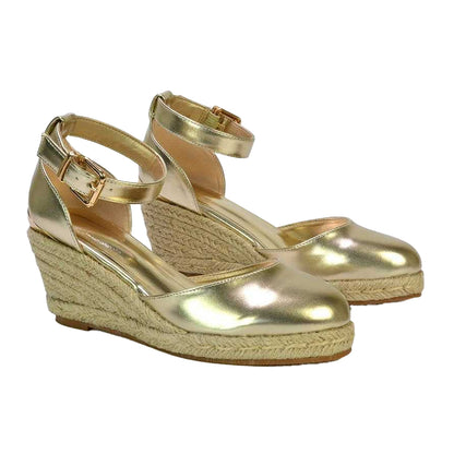 Metallic Gold - Side - XY London Womens-Ladies Forest Metallic Closed Toe Wedge Espadrilles